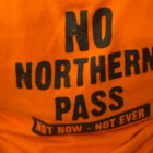 Some Northern Pass opponents wore No Northern Pass shirts. Others wore plain orange shirts and blouses.