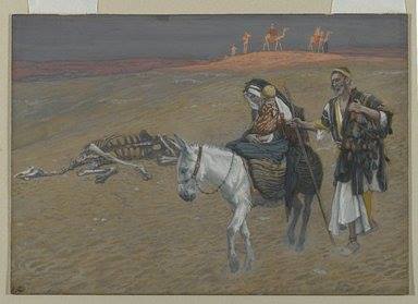 James Tissot (French, 1836-1902). The Flight into Egypt (La fuite en Égypte), 1886-1894. Opaque watercolor over graphite on gray wove paper. Brooklyn Museum.