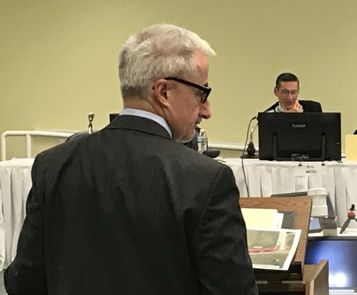 Attorney Tom Pappas, representing the Counsel for the Public, questions Franconia Select Board Chair Eric Meth during Monday’s adjudicative hearing before the Site Evaluation Committee on the Northern Pass Project.