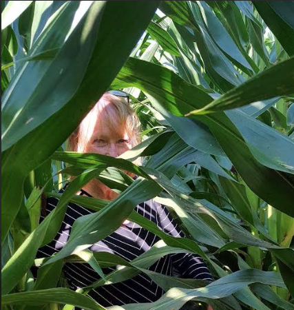 Valerie Hershfield is pictured in a cornfield saying hello.